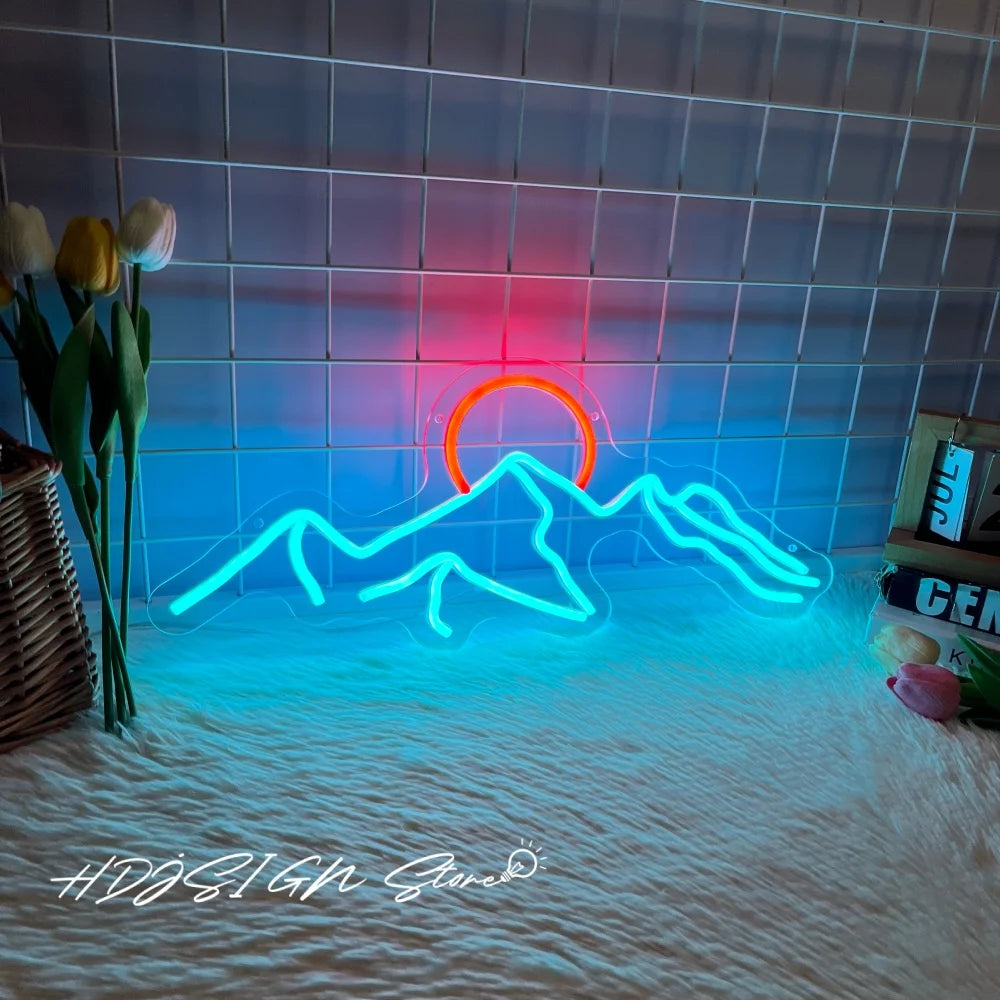 Neonowy znak LED góra i słońce dekoracja ścienna