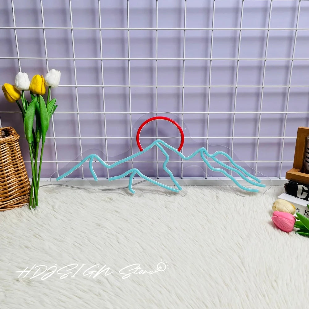 Neonowy znak LED góra i słońce dekoracja ścienna