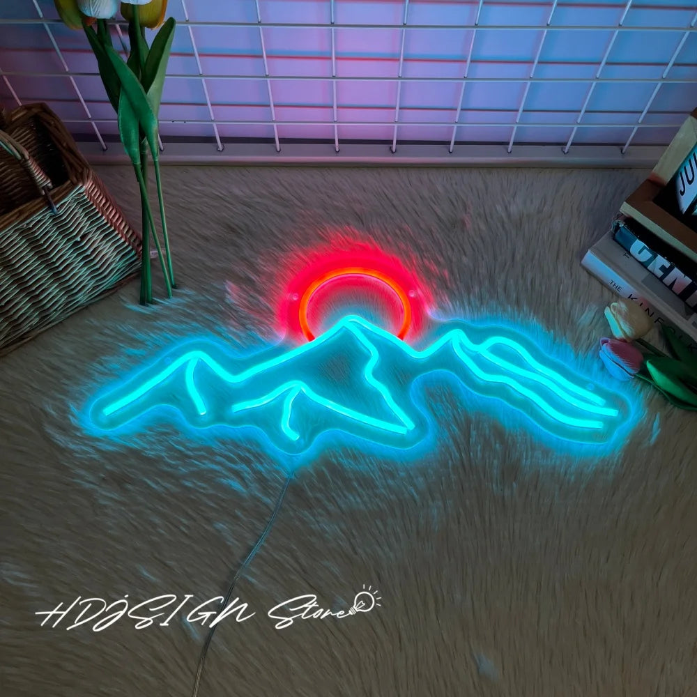 Neonowy znak LED góra i słońce dekoracja ścienna